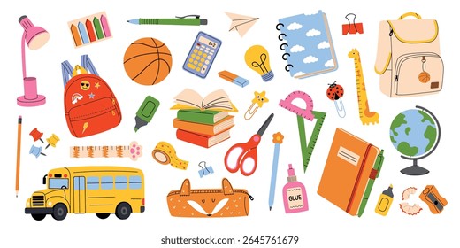 Stationery set with school tools and supplies.Back to school set. Notebook, diary, backpack, pen, pencil, ruler, marker, sharpener, glue and calculator.  Flat vector illustration on white background.