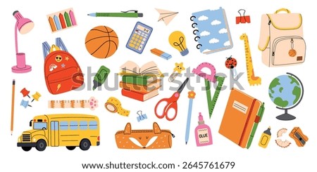 Stationery set with school tools and supplies.Back to school set. Notebook, diary, backpack, pen, pencil, ruler, marker, sharpener, glue and calculator.  Flat vector illustration on white background.