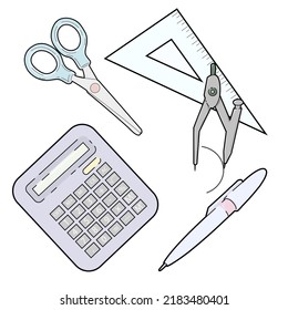 Stationery set of scissors, ruler, compass, pen, calculator