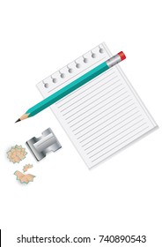 Stationery set - sheet is lined up for entries - pencil, sharpener with shavings - isolated on white background - vector