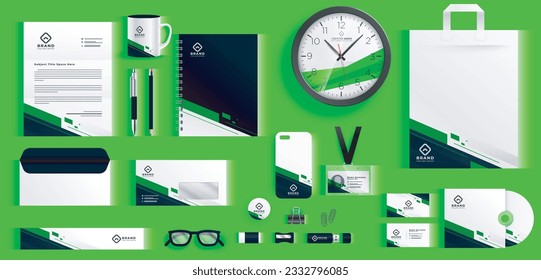 Stationery set template with digital elements. Editable vector illustration: folder, mug, card, envelope etc