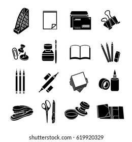 Stationery set of vector icons. Black flat office tools isolated on white background