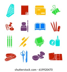 Stationery set of vector icons. Colorful flat office tools isolated on white background