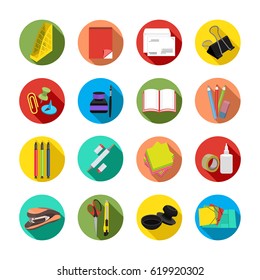 Stationery set of vector icons. Multicolor office tools in a round frame with a beveled shadow, isolated on white background