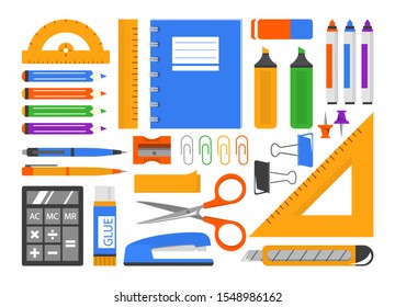 Stationery set vector isolated. Collection of school and office supplies. Notebook, pen and pencil, ruler of various shapes and eraser. Scissors and calculator for education.