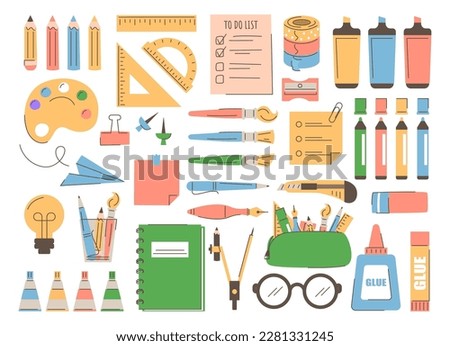 Stationery set vector isolated. Collection of different tools for school and office. Cute drawing and writing items. Pencil, pen, eraser, palette and other stuff. Back to school banner.