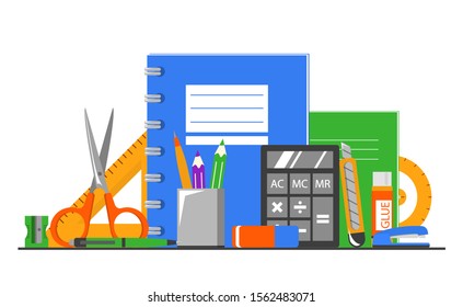 Stationery set vector isolated. School and office supplies. Notebook, pen and pencil, ruler of various shapes and eraser. Scissors and calculator for education.