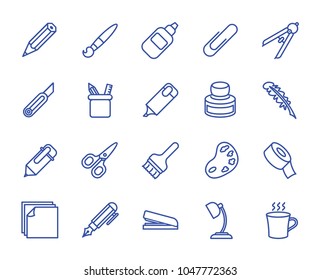 Stationery set vector lines icons. Includes such icons as adhesive tape, paper, pen, pencil, paper clip, ruler, protractor and more. 64x64 pixel.