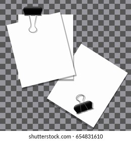 Stationery. Set of white paper notes with paper clip, tape, and pin.Vector illustration.