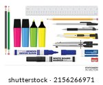 Stationery set of writing utensils. Writing tools for work daily activities with pen pencils ruler eraser compass pen sharpener whiteboard marker cutter. colored stationery.
