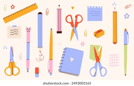 Stationery set.School tools, supplies.Bright Office Supplies isolated.Various pencils,pens,scissors,notepad,notes,ruler,sharpener in a modern trendy style.Children's subjects.Vector illustration EPS10