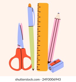 Stationery set.School tools, supplies.Bright Office Supplies isolated.Pencil,pen,scissors,ruler,sharpener in a modern trendy style.Children's subjects for study.Vector illustration EPS10.