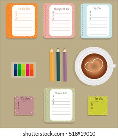 Stationery: The sheets of the planner in a cute polka dots. To Do Lists with little hearts. Multi-colored sti?kers. Cup with coffee on saucer. Vector illustration. 