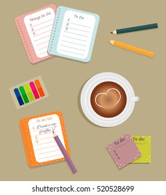 Stationery: The sheets of the planner in a cute polka dots. To Do Lists with little hearts. Multi-colored stickers. Cup with coffee on saucer. Vector illustration. 