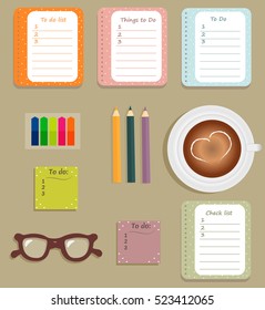 Stationery: The sheets of the planner in a cute polka dots. To Do Lists with little hearts. Multi-colored stickers. Cup with coffee on saucer. Brown glasses. Vector illustration. 