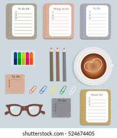 Stationery. The sheets of the planner in a cute polka dots. To Do Lists with little hearts. Multi-colored stickers. Cup with coffee on saucer. Brown glasses. Pencils. Clips. Vector illustration. 