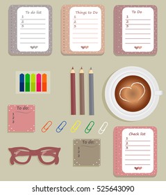 Stationery: The sheets of the planner in a cute polka dots. To Do Lists with little hearts. Multi-colored sti?kers. Cup with coffee on saucer. Burgundy glasses. Pencils. Clips. Vector illustration. 