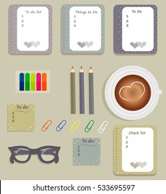 Stationery: The sheets of the planner in a cute polka dots. To Do Lists with little hearts. Multi-colored stickers. Cup with coffee on saucer. Dark blue glasses. Pencils. Clips. Vector illustration.