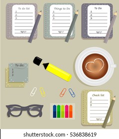 Stationery: The sheets of the planner in a cute polka dots. To Do Lists with little hearts. Sti?kers. Marker. Cup with coffee on saucer. Dark blue glasses. Pencils. Clips. Vector illustration. 