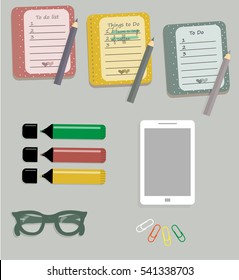 Stationery: The sheets of the planner in a cute polka dots. To Do Lists with little hearts. Sti?kers. Markers. Dark green glasses. Pencils. Clips. Mobile phone. Smartphone. Vector illustration. 