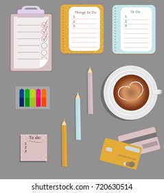 Stationery: The sheets of the planner in a cute polka dots. To Do Lists with little hearts. Multi-colored sti?kers. Cup with coffee on saucer. Credit cards.Vector illustration. 