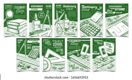 Stationery Shop Advertising Posters Set Vector. Collection Of Different Advertise Banners With Stationery Knife And Pen, Calculator And Books, Ruler And Scissors. Monochrome Illustrations