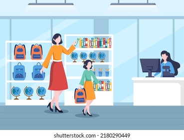 Stationery Shop for Buying School Supplies Like a Book, Backpack, Notebook, Ruler, Pencil, Pen, Calculator or Scissors in Flat Cartoon Illustration