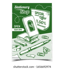 Stationery Shop Discount Advertise Poster Vector. Puncher, Adhesive Tape, Pen, Eraser And Paper Clips Stationery Equipment On List. Monochrome Illustration