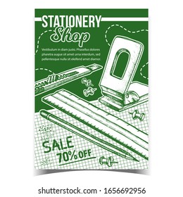 Stationery Shop Sale Advertising Poster Vector. Puncher, Ruler, Stationery Knife, Pencil And Pins On Planning Book Paper List. Monochrome Illustration