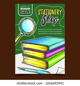 Stationery Shop Sales Advertising Banner Vector. Magnifying Glass Lens, Books And Pen Stationery Equipment On Paper List Monochrome. Concept Template Hand Drawn In Vintage Style Colored Illustration