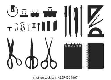 Stationery silhouettes big vector set. Collection of supplies for office and school. Notebooks, pens, pins, rulers, scissors illustration.