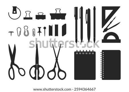 Stationery silhouettes big vector set. Collection of supplies for office and school. Notebooks, pens, pins, rulers, scissors illustration.