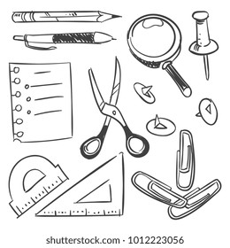 Stationery sketch set - scissors pencil pen button isolated on white background. Vector pencil and pen, sketch drawing illustration