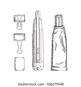 Stationery in sketch style. Vector illustration set. Hand-drawn doodle. Stationery knife, glue, eraser, clip.