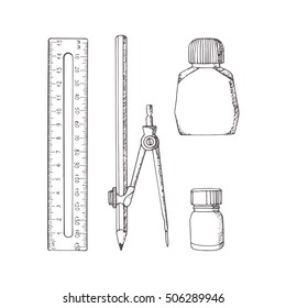 Stationery in sketch style. Vector illustration set. Hand-drawn doodle. Compass, ruler, pencil, ink, paint.