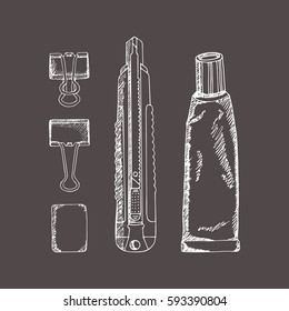 Stationery in sketch style. Vector illustration set. Hand-drawn doodle. Stationery knife, glue, eraser, clip.