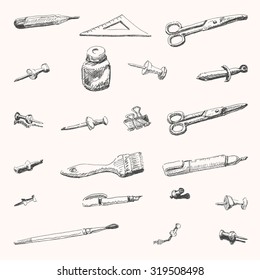 Stationery sketches with pin, pencil, ruler, scissors, ink, bottle, phial, knife, brush, pen and clip, in sketch hand drawn style