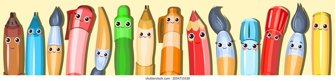 Estacionería con sonrisas. Composición horizontal del borde. Lápices y pinceles. Elementos para la creatividad. Bolígrafo y bolígrafos de gel. Estilo animado de las caricaturas. Vector