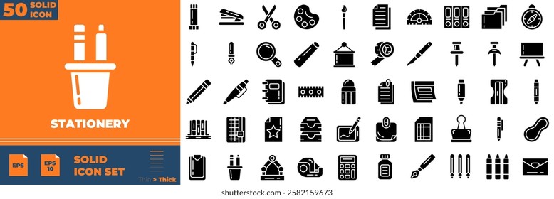 Stationery Solid Editable Icons set. Vector illustration in modern thin solid style of stationery icons: pen, write, pencil, note, edit, writer, document, etc