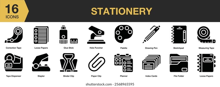 Stationery solid icon set. Includes stationery, school, office, notebook, supplies, collection, and More. Solid icons vector collection.