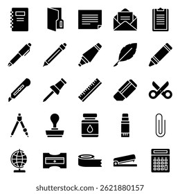 stationery solid line icon set. office tools glyph icon set.