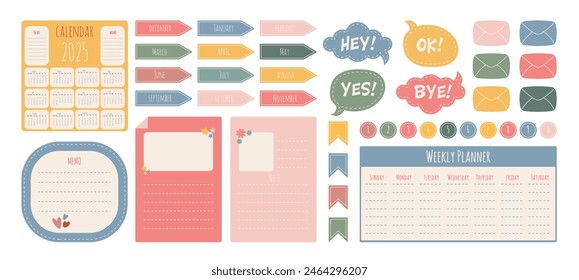 Stationery stickers collection. Daily planner stickers, templates for scrapbook, notebook, agenda, colorful labels. Cute design icon set isolated on white background. Calendar 2025, weekly planner