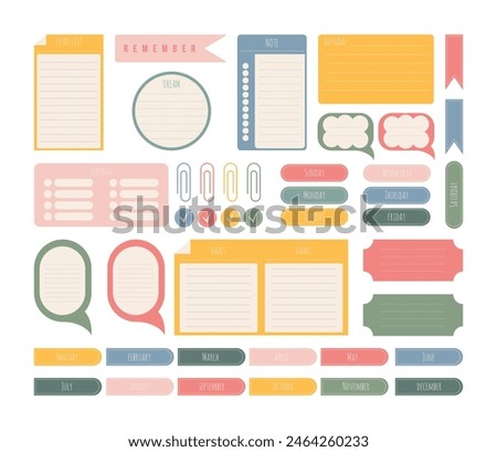 Stationery stickers collection. Vector to-do list, note sticker, reminder, goal memo, weekly daily planner icon set isolated on white background
