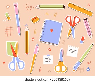 Stationery stickers set.School tools,supplies.Various pencils,pens,scissors,notepad,ruler,sharpener in a modern trendy style.Children's subjects for study.Vector illustration EPS10