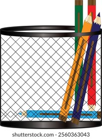 The stationery storage contains five colored pencils.