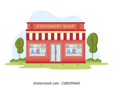 Stationery Store Building for Buying School Supplies Like a Book, Backpack, Notebook, Ruler, Pencil, Pen, Calculator or Scissors in Flat Cartoon Illustration