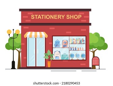 Stationery Store Building for Buying School Supplies Like a Book, Backpack, Notebook, Ruler, Pencil, Pen, Calculator or Scissors in Flat Cartoon Illustration