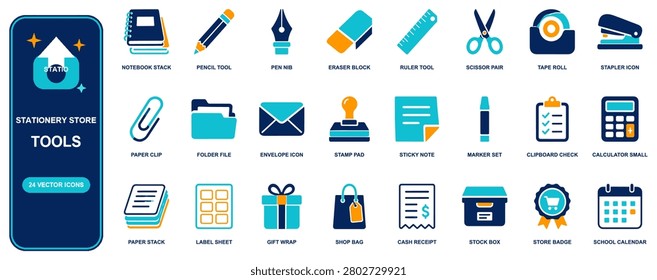 Stationery Store flat icon set. 24 vector line icons: notebook stack, pencil, pen nib, eraser block, ruler, scissor pair, tape roll, stapler. Editable isolated symbols for web, app and infographic des