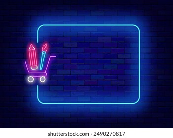 In: Stationery Store Neon Flyer. Zurück in die Schule. Sonderangebot Shopping Einladung. Archiv-Flyer. Glänzende Grußkarte. Leerer blauer Rahmen und Warenkorb. Glühender Banner. Illustration der Vektorgrafik