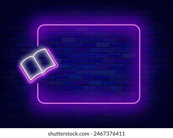 Stationery store neon poster. Back to school. Special offer invitation. Shiny greeting card. Empty purple frame and open book. Glowing banner. Editing text. Vector stock illustration